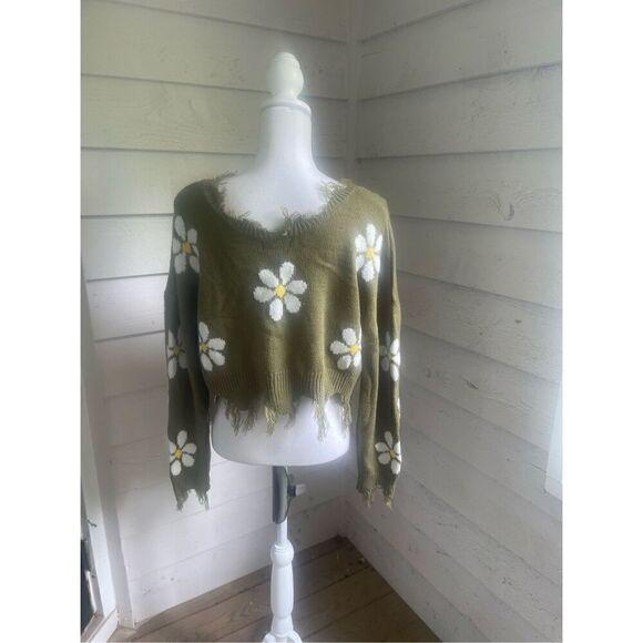 Just Polly Women’s L Hippie Daisy Crop Top Fringe Olive Green Boho - Picture 1 of 7